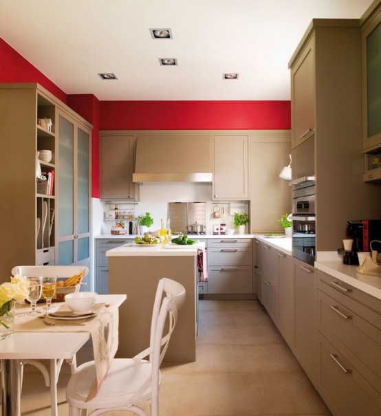 modernes küchendesign beige rot küche wände