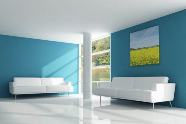 die wände zu hause streichen blau farbe wohnzimmer